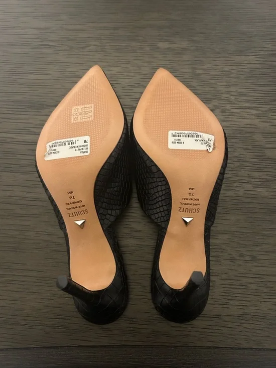 Schutz Charla Slip-On Black Croc Mule Heels - Picture 2 of 4